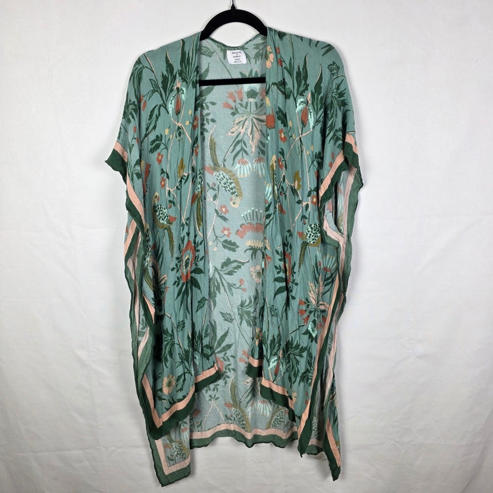 Melrose and Market Sage Green Bird Botanical Print Kimono Wrap One Size XX15490